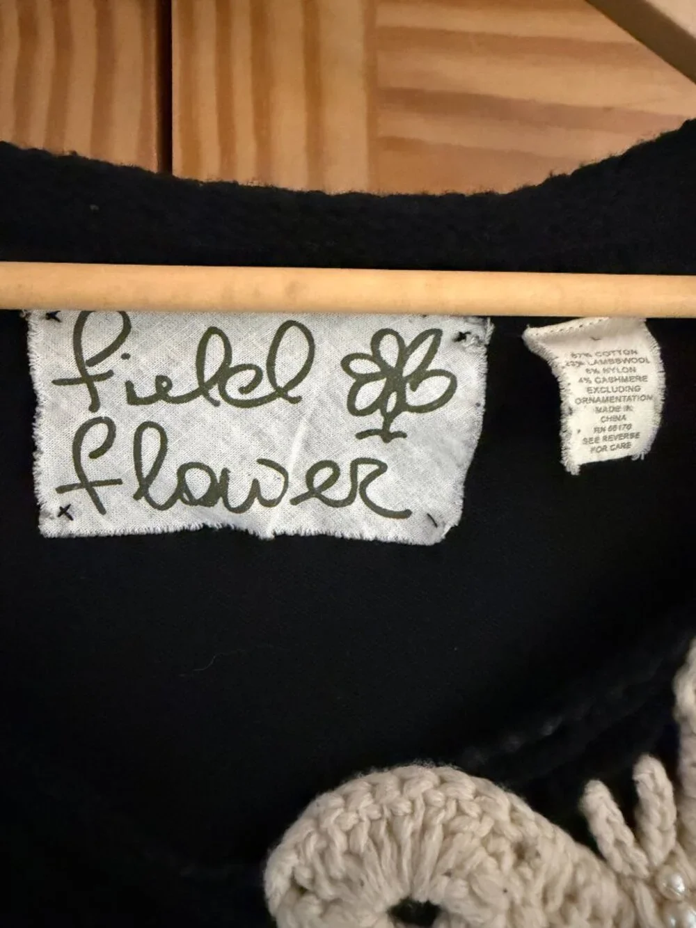 Anthropologie Field Flower Black Butterfly Crochet Trim Sweater